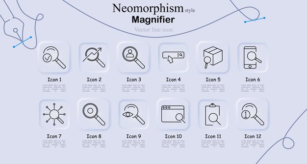 El icono de la lupa está configurado en estilo de neomorfismo La lupa busca inspección zoom análisis de investigación exploración línea de vector arte símbolos descubrimiento
