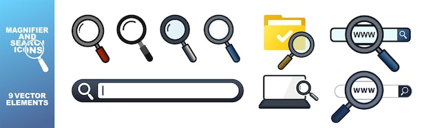 Icono de lupa en estilo plano Icono de búsqueda Conjunto de vectores de íconos de lupa