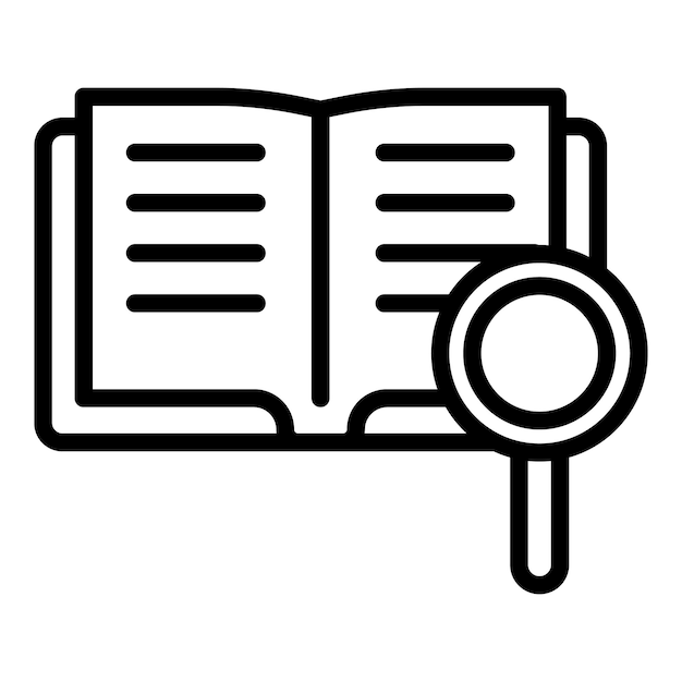 Icono de lupa de libro Icono de vector de lupa de libro de contorno para diseño web aislado sobre fondo blanco
