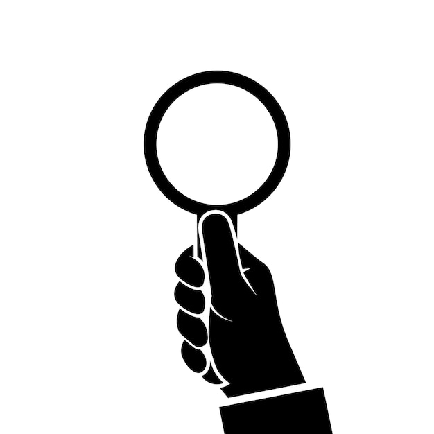 Icono de lupa sosteniendo en la mano hombre Silueta negra aislada sobre fondo blanco Ilustración vectorial Diseño plano Concepto de búsqueda Pictograma lupe