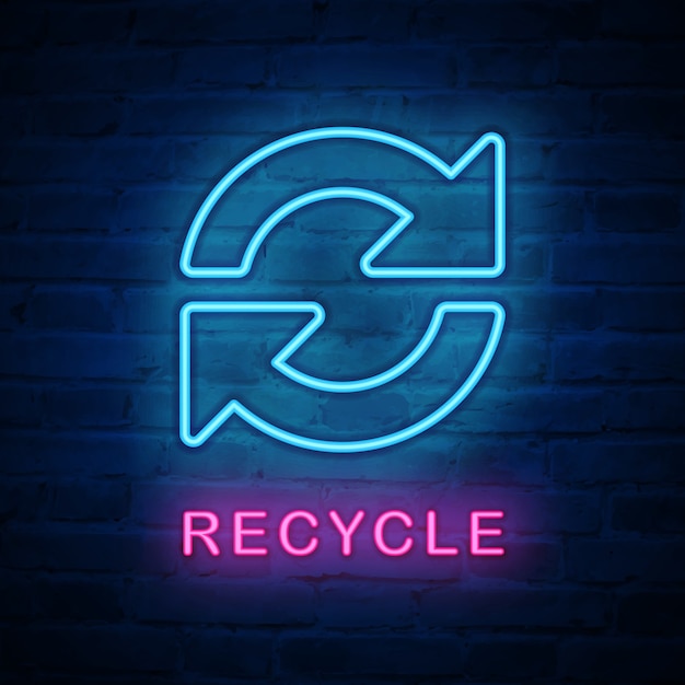 Icono de luz de neón iluminado flecha de reciclaje redonda