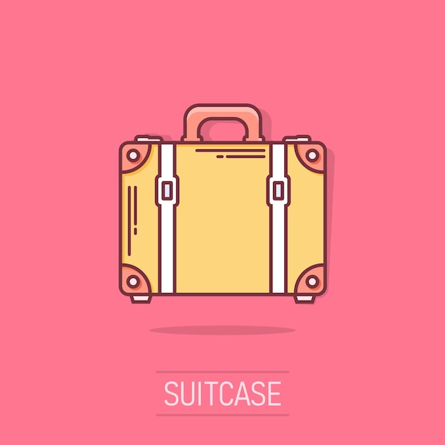 Icono de maleta de dibujos animados de vector en estilo cómic Caso para turismo viaje viaje signo ilustración pictograma Maleta negocio efecto de salpicadura concepto