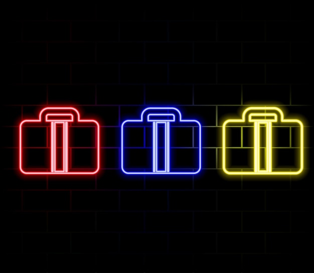 Icono de maletín de neón Luminoso cartel de neón señal contorno maleta en colores vívidos Trabajo de casos de negocios