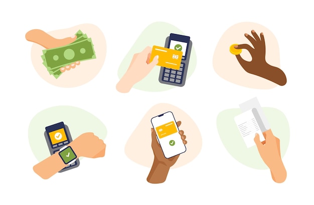 Icono de la mano con diferentes cosas y gestos Pago sin contacto por teléfono o reloj inteligente Aplicación bancaria