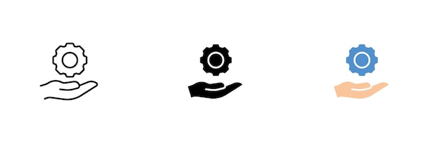 Icono de mano con engranaje Automatización de procesos que reducen la influencia del factor humano en la producción Conjunto vectorial de iconos en línea estilos negros y coloridos aislados en fondo blanco