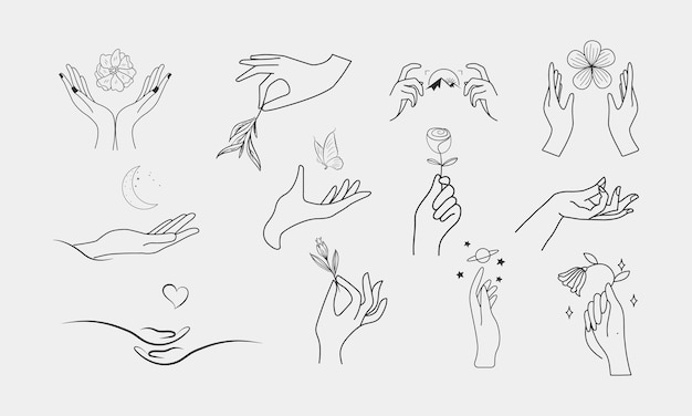 Icono de mano estilo de contorno de diferentes gestos en un arte vectorial de estilo lineal mínimo de moda