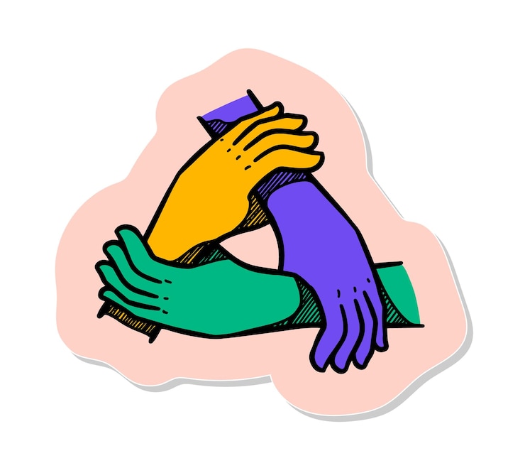 Vector icono de manos dibujadas a mano concepto de trabajo en equipo en la ilustración de vector de estilo de etiqueta