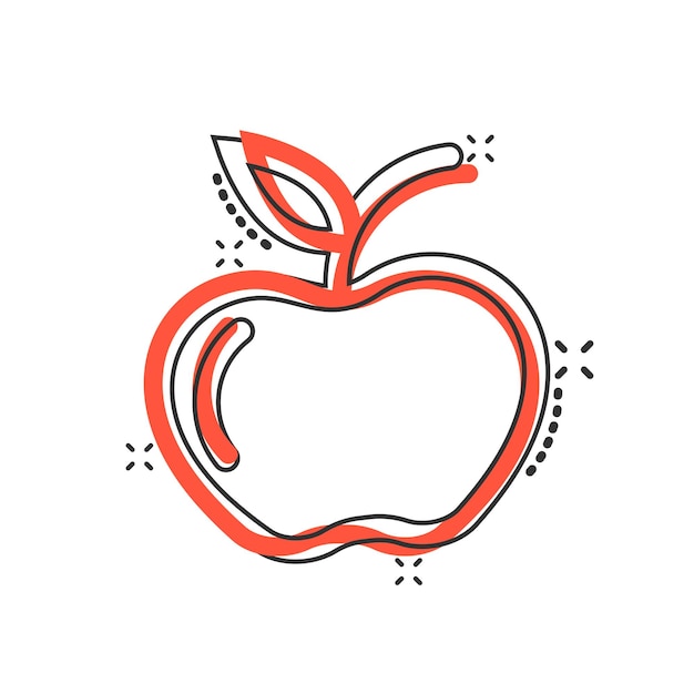 Icono de manzana en estilo cómic Ilustración de vector de dibujos animados de fruta fresca sobre fondo blanco aislado Concepto de negocio de efecto de salpicadura de comida jugosa