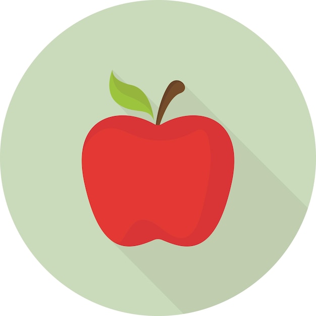 Icono de manzana roja con una larga sombra sobre fondo verde estilo de diseño plano