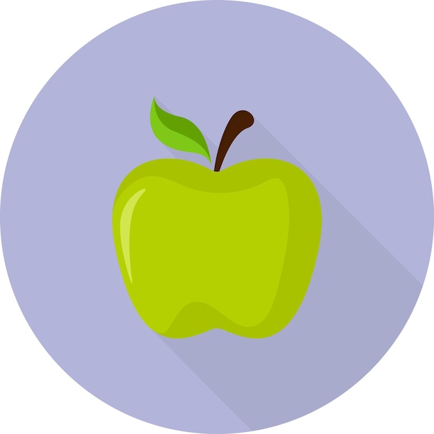 Icono de manzana verde con una larga sombra sobre el estilo de diseño plano de fondo púrpura