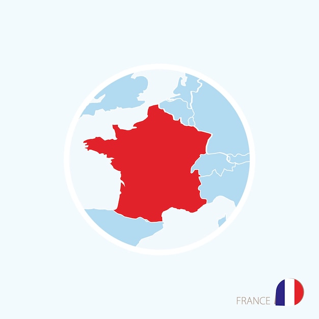 Icono de mapa de francia mapa azul de europa con francia resaltada en color rojo
