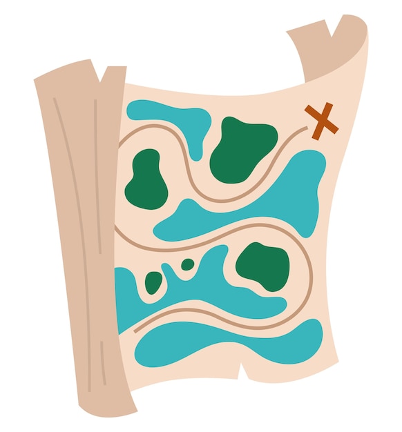 Icono de mapa de la isla del tesoro vectorial ilustración del plan pirata guía de caza de joyas de color plano papel de ruta marítima antiguo aislado sobre fondo blanco