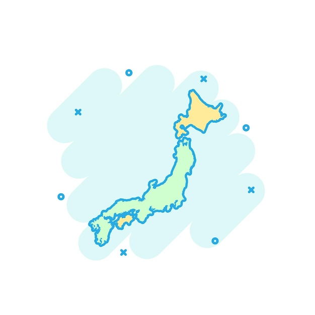 Icono de mapa de Japón de color de dibujos animados en estilo cómico Ilustración de signos de Japón Pictograma de geografía del país concepto de negocio de salpicaduras