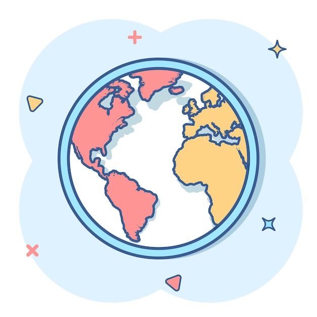 Icono de mapa mundial de dibujos animados de vector en estilo cómico pictograma de ilustración de tierra redonda concepto de efecto de salpicadura de negocio de planeta