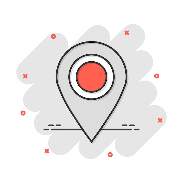 Icono de mapa pin en estilo cómic Dibujos animados gps navegación vector ilustración pictograma Destino destino concepto de negocio efecto de salpicadura
