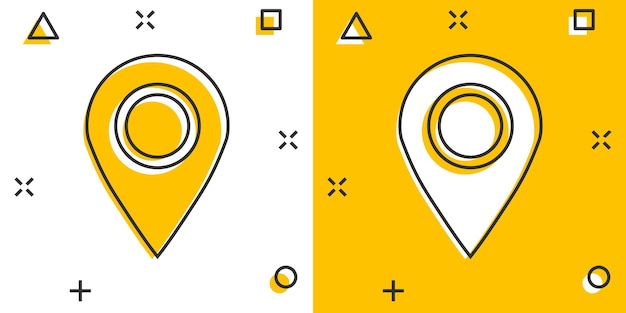 Icono de mapa pin en estilo cómic Dibujos animados gps navegación vector ilustración pictograma Destino destino concepto de negocio efecto de salpicadura