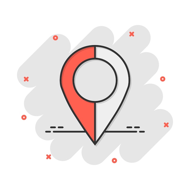 Icono de mapa pin en estilo cómic Dibujos animados gps navegación vector ilustración pictograma Destino destino concepto de negocio efecto de salpicadura