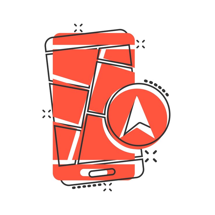 Vector icono de mapa de teléfono inteligente en estilo cómico ilustración de vector de dibujos animados de navegación gps de teléfono móvil sobre fondo blanco aislado localice el concepto de negocio de efecto de salpicadura de posición de pin