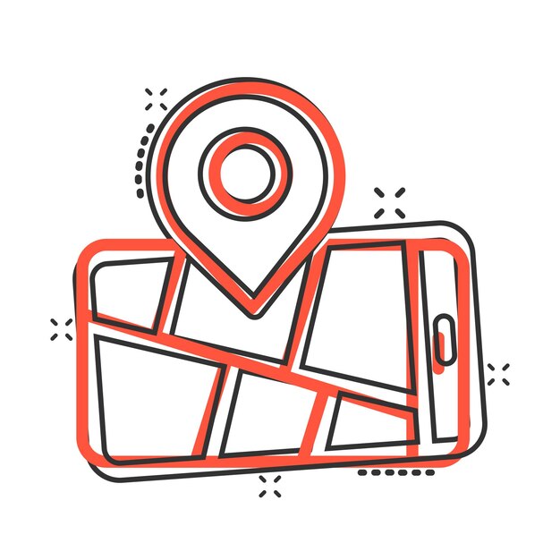 Icono de mapa de teléfono inteligente en estilo cómico Ilustración vectorial de dibujos animados de navegación GPS de teléfono móvil en fondo blanco aislado Localizar la posición del alfiler Efecto de salpicaduras Concepto de negocio