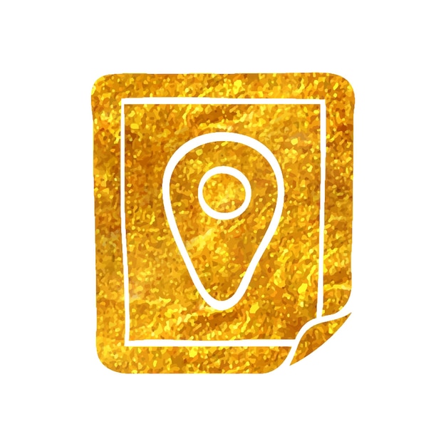 Icono de mapa de ubicación de pin dibujado a mano en la ilustración de vector de textura de hoja de oro