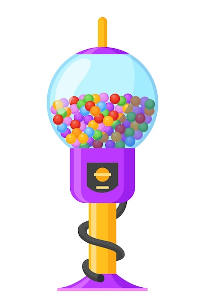 El icono de la máquina de chicle Dispensador de caramelos de vidrio redondo transparente con chicle de burbujas de colores Máquina expendedora Contenedor de dulces bolas moneda de centavo Ilustración vectorial aislada en blanco