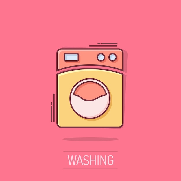 Icono de la máquina de lavar en estilo cómico Ilustración vectorial de dibujos animados de lavadora en un fondo aislado Efecto de salpicaduras de lavandería Concepto de negocio