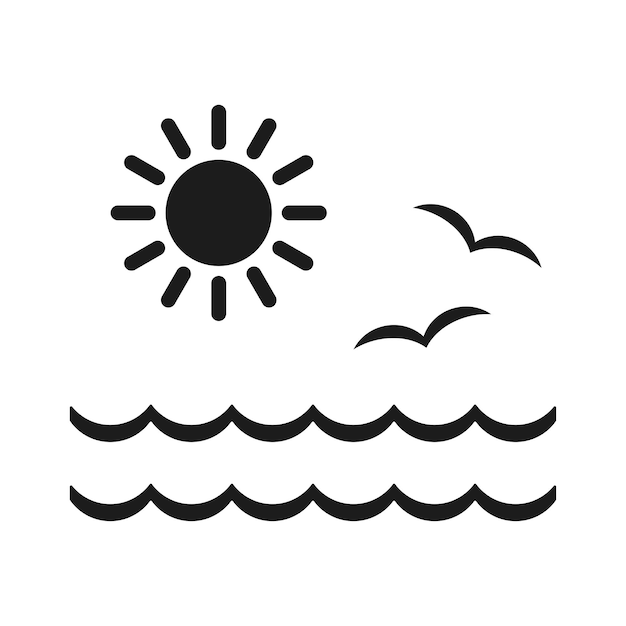 Icono de mar Diseño de las olas del sol y gaviotas sobre un fondo blanco.