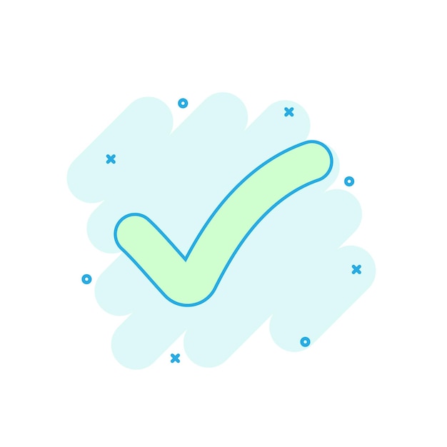 El icono de marca de comprobación de color de dibujos animados en estilo cómico Ok signo ilustración pictograma concepto de negocio de salpicaduras aprobado