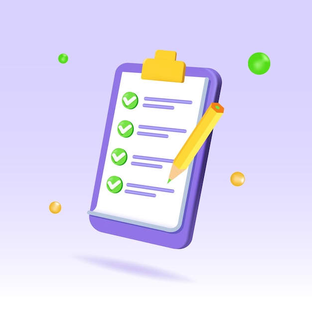 Icono de marca de portapapeles de examen de aprobación Gestión de tareas Lista de verificación de tareas pendientes Ilustración de vector realista 3d