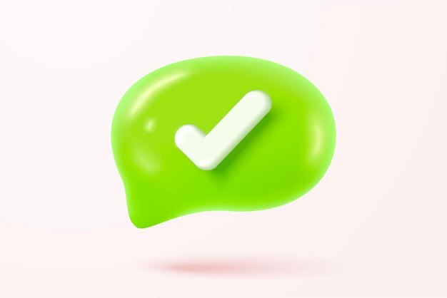 El icono de marca de verificación 3D aislado en las burbujas de voz el botón de lista de verificación la mejor opción para el éxito correcto marque acepta está de acuerdo con la aplicación elige el icono vectorial con sombra ilustración de renderización 3D