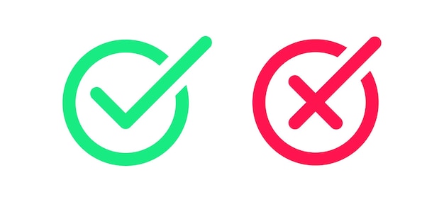 Icono de marca de verificación y cancelación Símbolo de cierre de marca Signos incorrectos correctos Símbolos x correctos Sí no hay iconos Color rojo verde Signo vectorial