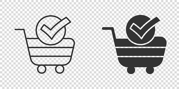 Icono de marca de verificación del carrito de compras en estilo plano Comprar aprobación ilustración vectorial sobre fondo blanco aislado Confirmar concepto de negocio