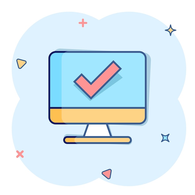 Icono de marca de verificación de computadora en estilo cómic Ilustración de vector de dibujos animados de aprobación de encuesta sobre fondo blanco aislado Confirmar concepto de negocio de efecto de salpicadura
