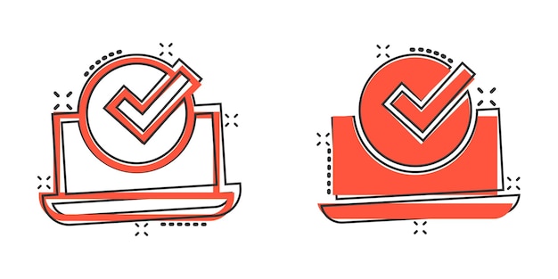 Icono de marca de verificación de computadora portátil en estilo cómico Ilustración de vector de dibujos animados de aprobación de computadora sobre fondo blanco aislado Confirmar concepto de negocio de efecto de salpicadura