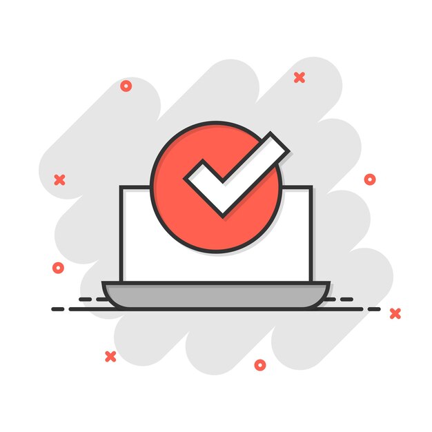Icono de marca de verificación de computadora portátil en estilo cómico Ilustración de vector de dibujos animados de aprobación de computadora sobre fondo blanco aislado Confirmar concepto de negocio de efecto de salpicadura