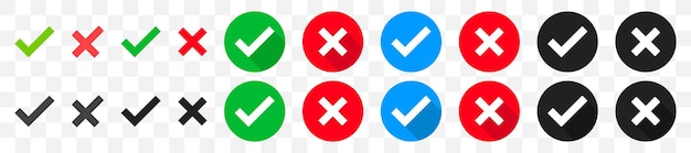 Icono de marca de verificación y cruz Marca verde y símbolo de cruz roja Pregunta de prueba Ilustración vectorial