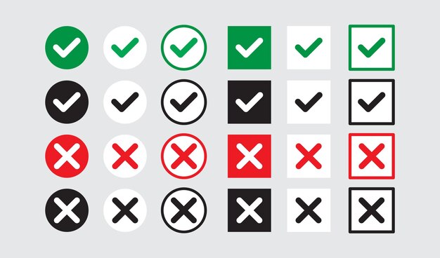 icono de marca de verificación establecido en verde, rojo y negro