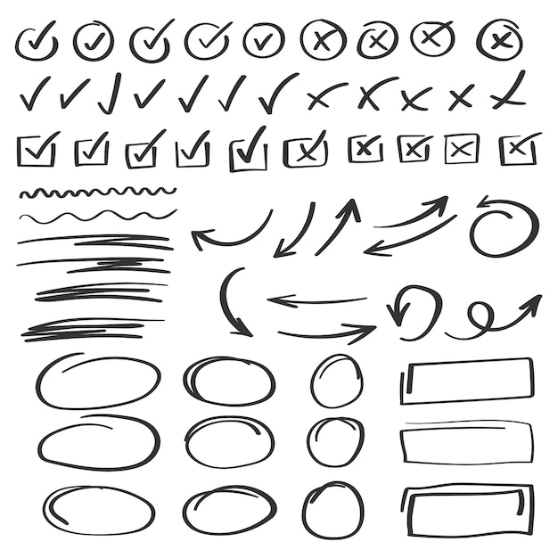 Icono de marca de verificación en estilo dibujado a mano Ilustración vectorial de garabatos hechos a mano en un fondo aislado Círculos cruzados marca de flecha concepto de negocio