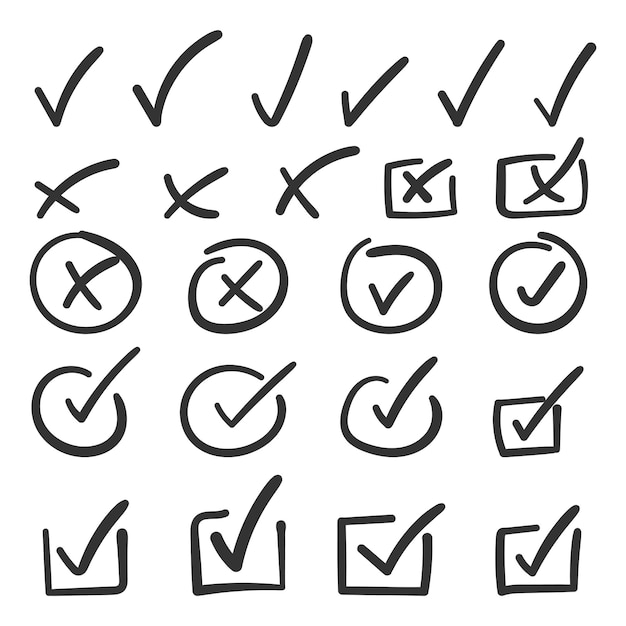 Icono de marca de verificación en estilo dibujado a mano Ilustración vectorial de garabatos hechos a mano en un fondo aislado Círculos cruzados marca de flecha concepto de negocio