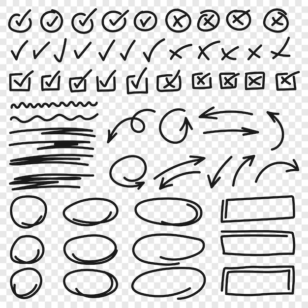 Icono de marca de verificación en estilo dibujado a mano Ilustración vectorial de garabatos hechos a mano en un fondo aislado Círculos cruzados marca de flecha concepto de negocio