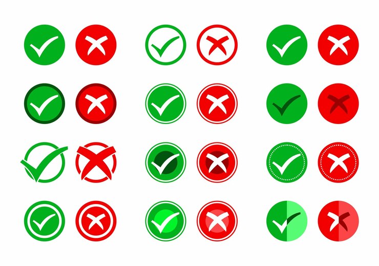 Icono de marca de verificación y marca x. Icono de círculo cruzado de marca de verificación Establecer vector de conjunto de marca de verificación verde rojo