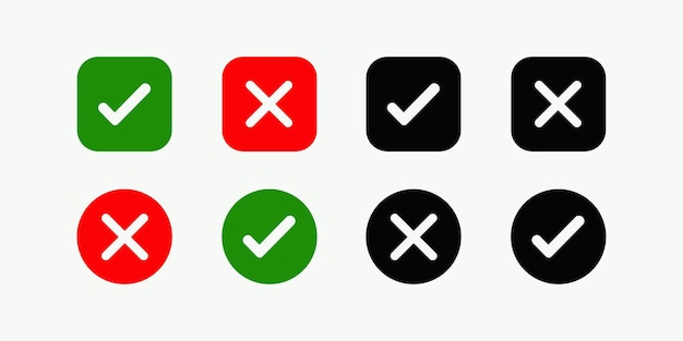 Icono de marca de verificación y marca X Icono de marca de verificación y marca X para aplicaciones y sitios web Marca de verificación verde y roja