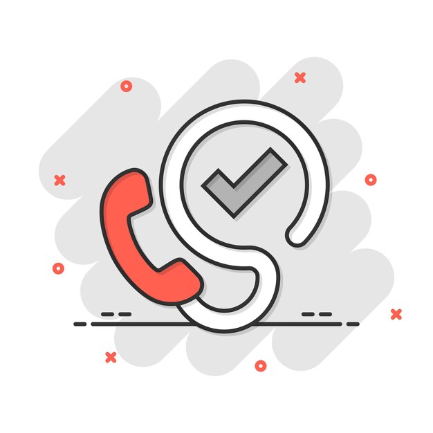 Icono de marca de verificación de teléfono en estilo cómic Ilustración de vector de dibujos animados de aprobación de teléfono inteligente sobre fondo blanco aislado Confirmar concepto de negocio de efecto de salpicadura