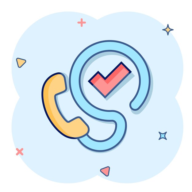 Icono de marca de verificación de teléfono en estilo cómic Ilustración de vector de dibujos animados de aprobación de teléfono inteligente sobre fondo blanco aislado Confirmar concepto de negocio de efecto de salpicadura