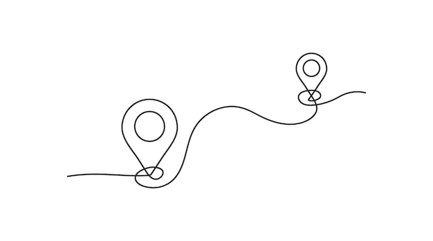 Icono de marcadores de ubicación de línea continua Pin entre dos puntos en un diseño vectorial de estilo de línea