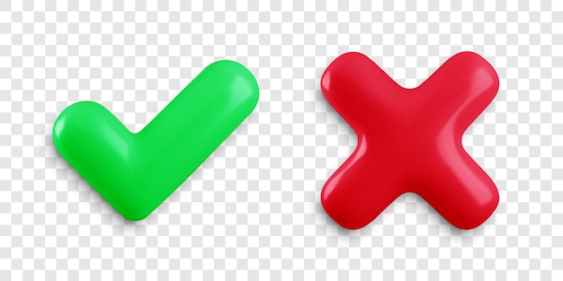El icono de las marcas de verificación 3D vectoriales se establece en un fondo transparente. Sí brillante y sin botones de cruz con sombra. Marca de verificación de plástico verde y símbolo X rojo. Representación 3D realista.