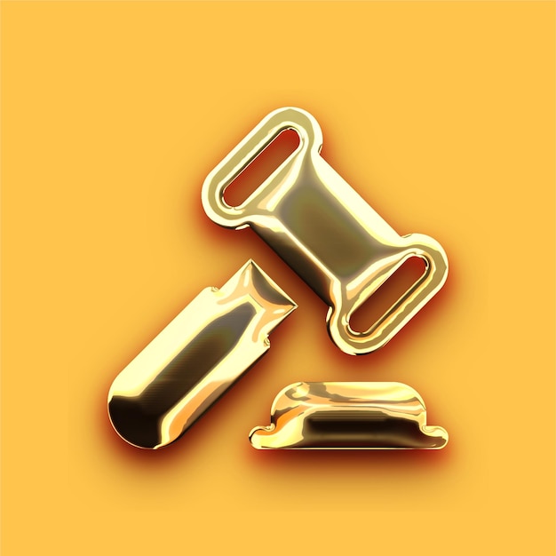 Icono de martillo de ley de oro de cromo premium con fondo amarillo personalizable