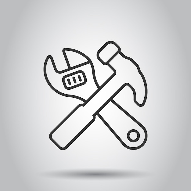 Ícono de martillo con llave inglesa en estilo plano Ilustración vectorial de instrumento de trabajo en fondo blanco aislado Concepto de negocio de equipos de reparación