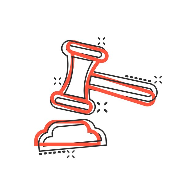 Icono de martillo de subasta en estilo cómico Ilustración de vector de dibujos animados de signo de corte sobre fondo blanco aislado Concepto de negocio de efecto de salpicadura de tribunal