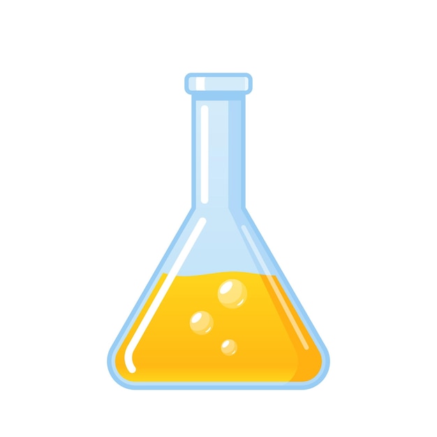 Icono de matraz químico aislado en tubo de vaso de precipitados de vidrio blanco o matraz con equipo líquido Fizz amarillo para química